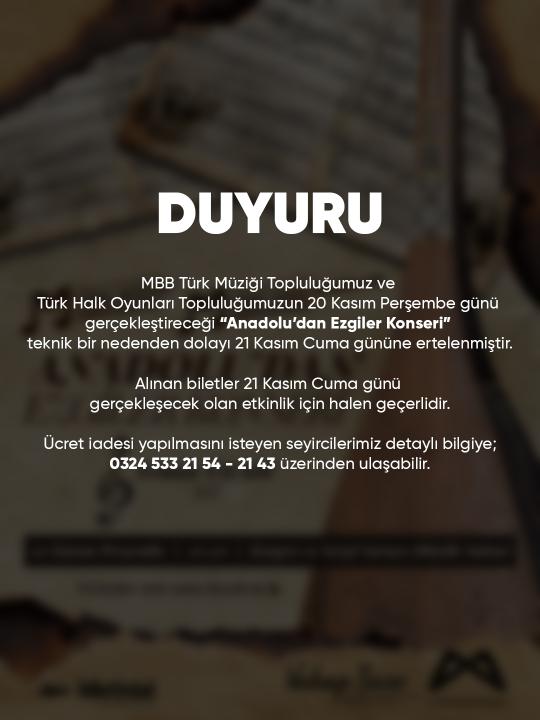 MBB Türk Müziği Topluluğumuz ve Türk Halk Oyunları Topluluğumuzun 20 Kasın Perşembe günü gerçekleştireceği 