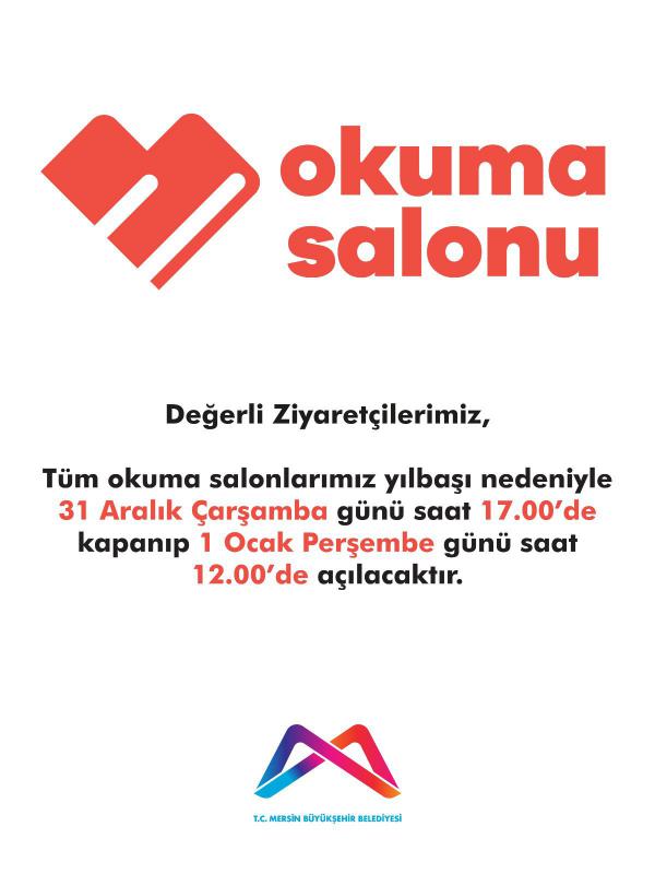 Tüm okuma salonlarımız yılbaşı nedeniyle 31 Aralık Çarşamba günü saat 17.00'de kapanıp 1 Ocak Perşembe günü saat 12.00'de açılacaktır.