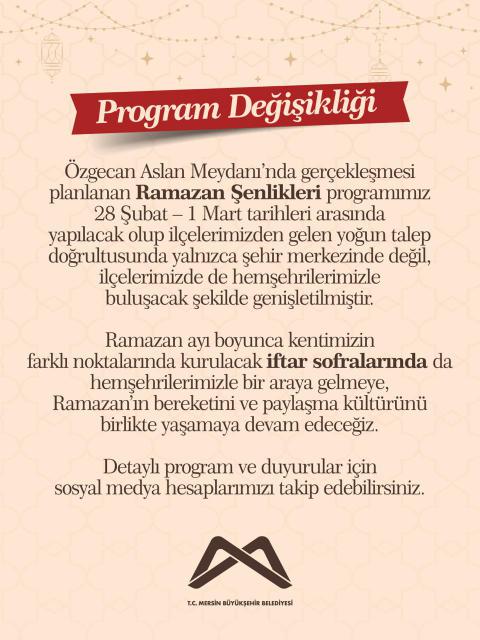 Ramazan Şenlikleri programımız yoğun talep üzerine yalnızca şehir merkezinde değil, ilçelerimizde de gerçekleşecek şekilde genişletilmiştir.